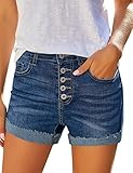 luvamia Women's Ripped Button Fly Denim Shorts High Waisted Stretchy Roll Hem Cut Off Shorts Juliet Blue Size Large