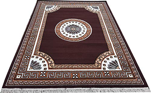 Image of Gold Area Rug with Greek Key Border and Floral Centre (Brown, 6x8)