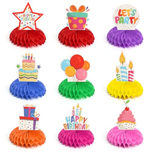 APOMOONS Lot de 9 décorations de table colorées Happy Birthday, em nid d'abeille, decoração de table d'anniversaire, decoração de table pour fête d'anniversaire