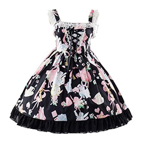 Smiling Angel Sweet Lolita Printed Rabbit Dress Sleeveless Chiffon Lace JSK Princess Dress (Black, L-XL) Cover