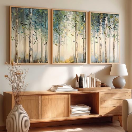Image of kotart Abstract Nature Art Framed Paintings | Big Aesthetic Forest View Painting | Vastu Frames for Bedroom Living Room Wall Decor Set Of 3 (35x37 Inch)