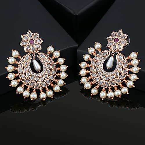 Estele Rose Gold Plated Handcrafted Crescent Shaped Chandbali Earring for Women - Image 3