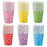Hikrxya 60 Stück Bunte Dot Pappbecher - 250 ml Mehrfarbig Partybecher - Einwegbecher Biologisch Abbaubar für Partybedarf Hochzeit Party Kaffee Tee Heißen und Kalten Getränken