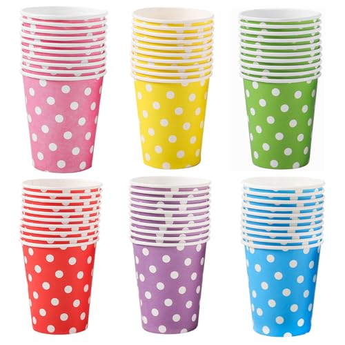 Hikrxya 60 Pièces Gobelets Carton Colorés à Pois - 250 ml Multicolore Verres Carton Jetables Biodégradable pour Café Thé Boissons Chaudes et Froides