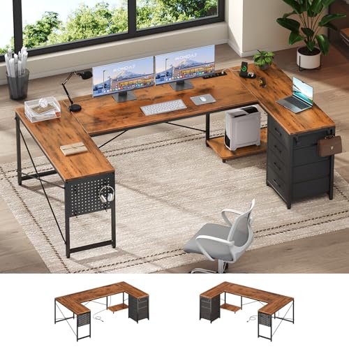 YIDUNLIFE L Shaped Desk, 67' Reversible Computer Desk with 4 Fabric Drawers and Power Outlet, Corner U Shaped Desk with Shelf and Pegboard for Home Office, Rustic Brown