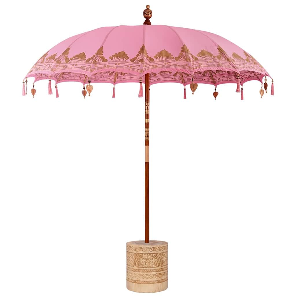 vidaXL Baliński Parasol z Bazą Różowy 215 x 215 x 260 cm, Bali Parasol, Okrągły Parasol Ogrodowy na Zewnątrz, Tropikalny Cień w Różu
