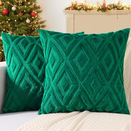 decorUhome Fall Faux Fur Green Throw Pillow Covers 18x18 Set of 2