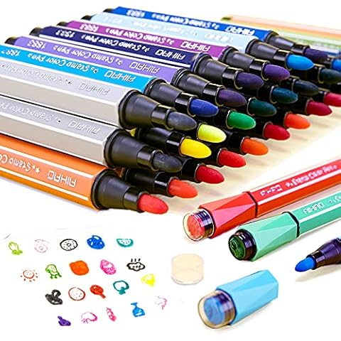 Marte Vanci 36 Stamper Maker Pens for Kids, Washable Colouring Pens Non-Toxic Self Inking Stamps Kit With Storage Box for Children Colouring Books/Doodling/Comic/Sketching/DIY Crafting Cover