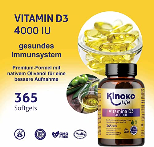 Vitamin D3 4000 IE mit 365 Kapseln. Natürliches Vitamin D-Cholecalciferol mit nativem Olivenöl extra. Für die Gesundheit und das Wohlbefinden unseres Körpers.