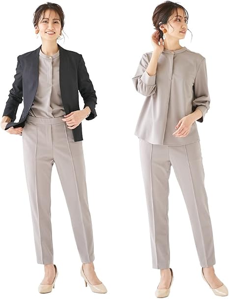Amazon レディーススーツ Nissen ニッセン レディーススーツ セットアップテーパードパンツスーツ3点セット 布帛ノーカラージャケット カットソーブラウス カットソーパンツ 黒 ベージュ Ll コート ジャケット 通販