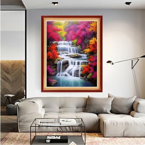 Image of Dooxvey Cross Stitch Kits for Adults Beginners,Full Range of Cross-Stitch Stamped Kits Needlepoint Kits for Beginners Embroidery Kits 11CT Cross Stitch Patterns-Autumn Waterfall 16x20 inch
