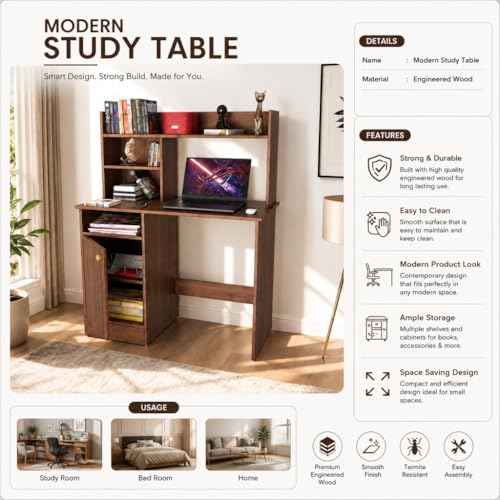 Image of SPYDER CRAFT Modern Indus Engineered Wood Study Table with Storage Shelf | Clean Minimalist Computer Desk for Home, Office, & Bedroom | Durable & Easy to Clean (Colombain) (Assembly DIY)