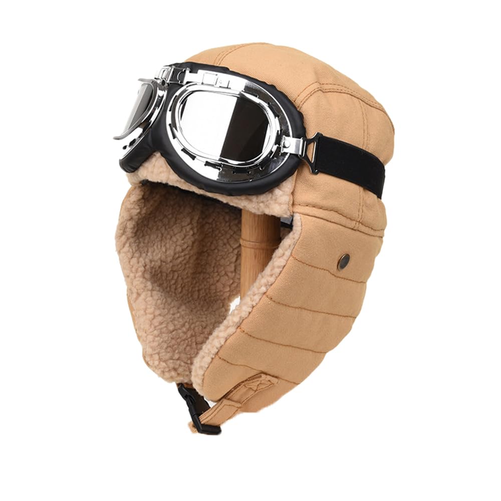 DoHTeck Winter Warm Aviator Hat, Unisex 3-in-1 Trapper Cap Bomber Hat with Goggles and Earmuffs for Cold Weather Outdoor Khaki