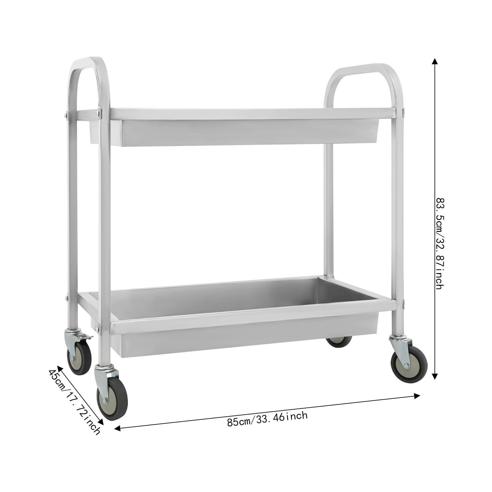 Carro de servicio con ruedas de 2 Davon, carro de cocina de acero inoxidable 201 con 2 niveles, carro de bar hasta 75 kg, clásico y duradero, carrito para servicio y personal de cocina, 85