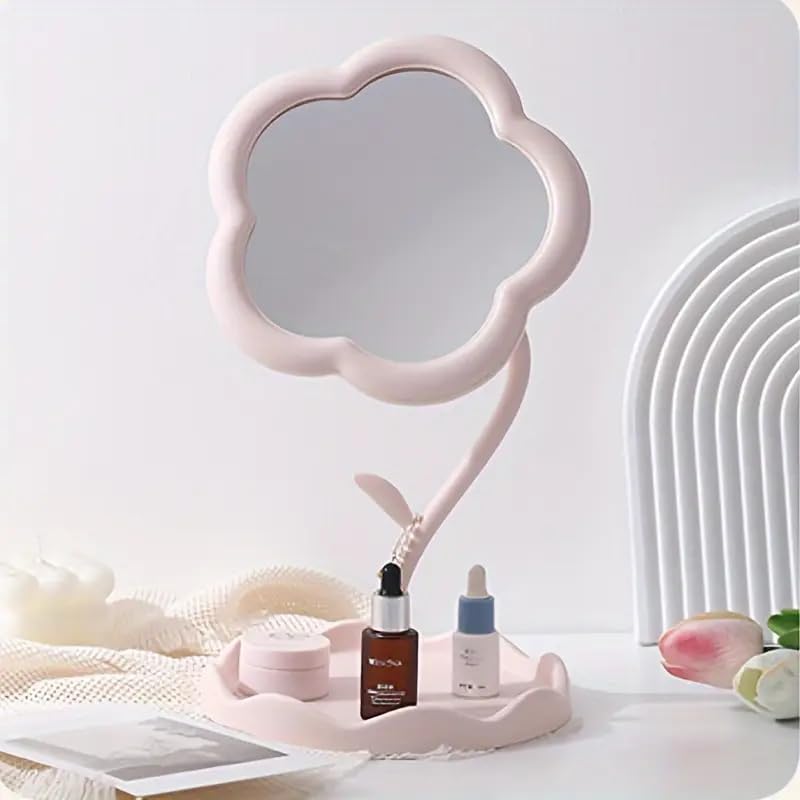 SAJANI Round Makeup Cosmetic Mirror Jewelry Rack, Tabletop Mirror with Tray 360°Rotation Design, Adjustable Mirror for Bedroom, Bathroom, Living Room (Pack of 1) (Flower)