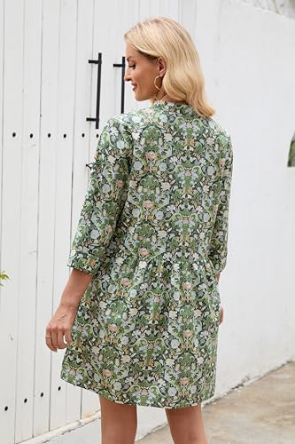 Image of EZAPINE Floral Dress for Women 3 /4 Sleeve Shift Boho Cotton Shirt Dresses | Button Up,Summer,Mini,Above Knee,Casual,for Picnic,Vacation