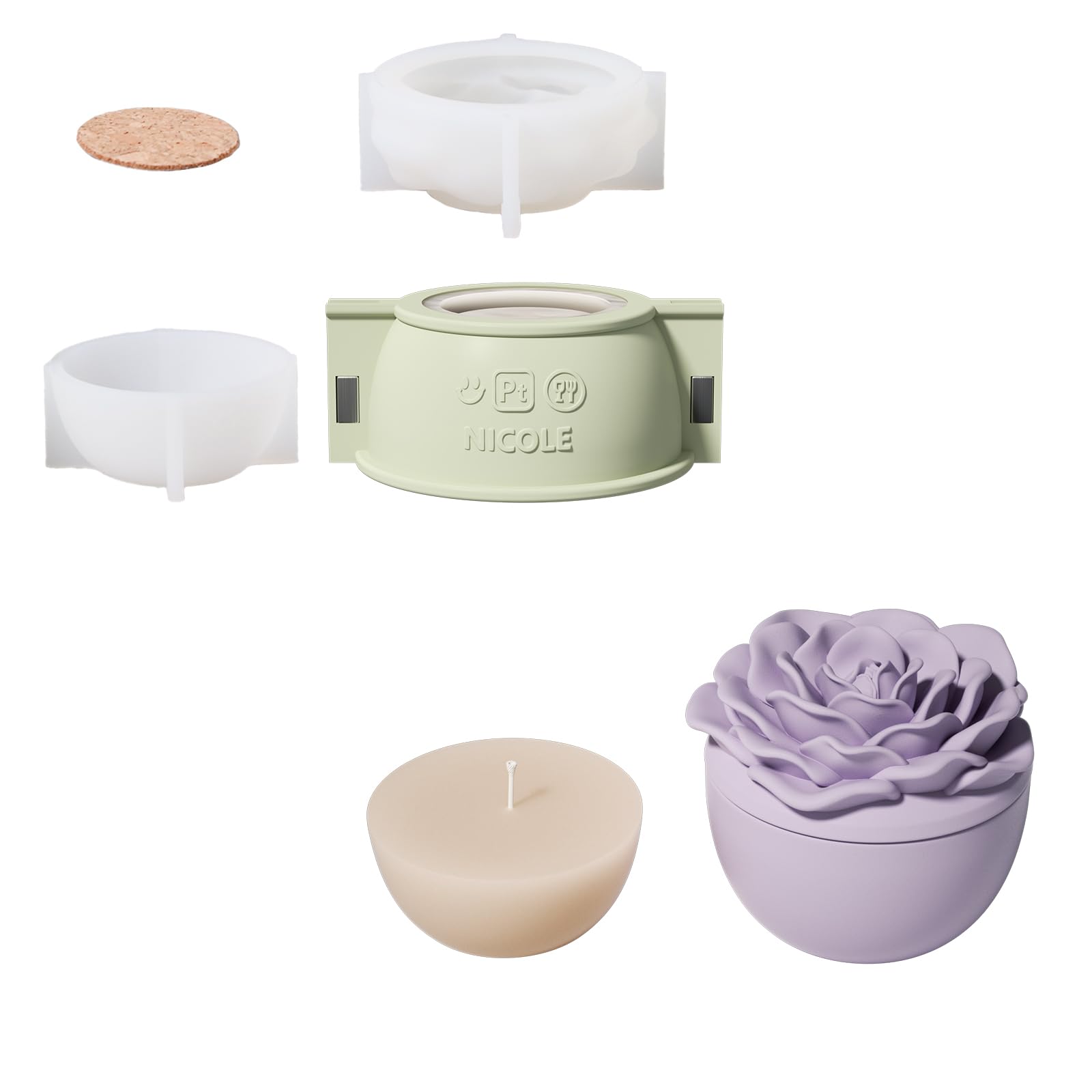 BOOWAN NICOLE Rose Flower Candle Vessels with Lid Silicone Molds & 7oz Candle Refill Silicone Molds, Candle Jar Silicone Moulds for Jesmonite Concrete Cement Mother’ Day Gifts (SH1075-1-2+LZ0699)