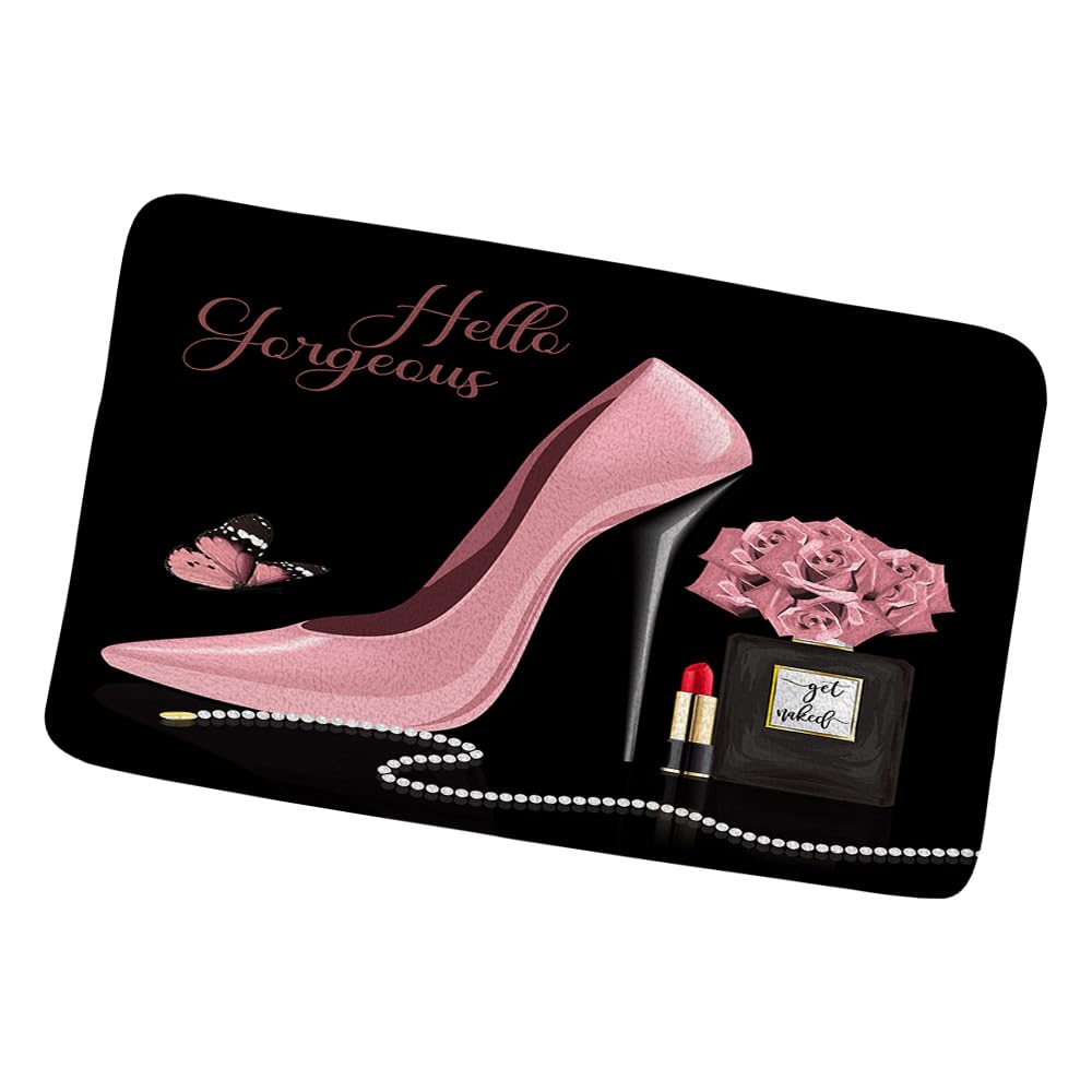 Flower Butterfly Bath Mat Valentine's Day Hello Gorgeous Fashion Girl Perfume Bottle Lipstick Pink High Heel Rose Floral Romantic Lover Bathroom Rugs
