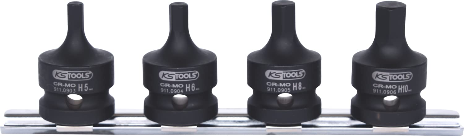 KS Tools 515.1103 1/2" Juego de llaves de vaso de impacto con punta para tornillos con encastre hexagonal, cortas, 4 pzs