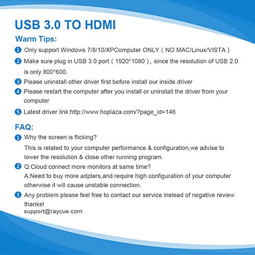 USB to HDMI, USB 3.0 Adapter with HD 1080P, Video Audio Graphics Converter for Multiple Monitor, Support Windows XP/7/8/10 【 NO MAC/Linux/Vista/Chrome/Firestick】