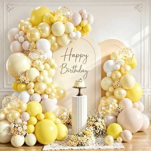 Image of Yellow and White Balloons Arch Kit Double Stuffed,Party Decor. | Light Pastel Pearl Yellow White Sand Confetti Balloons Latex, for Baby Shower Birthday Wedding Lemon Summer Decoration.