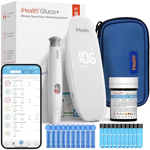 iHealth Gluco+ Wireless Smart Blood Glucose Monitor Kit with Free App, 10 Glucometer Strips, 10 Lancets, 1 Blood Sugar Monitor, 1 Lancing Device, Portable Diabetes Testing Kit for Home Use