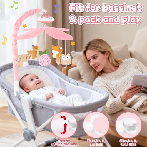 Baby Crib Mobile with Music and Lights, Nursery Baby Mobile for Crib Bassinet with Remote Control, Rotation, Starlight Projection, Crib Toys for Babies Boys Girls Pink - Image 6