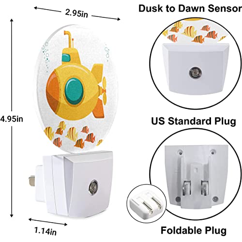 Image of Yellow Submarine Night Light Yellow Ship Underwater Undersea Fishes Night Lights Plug into Wall with Dusk-to-Dawn Sensor, Ocean Sea Beach Themed Boys Room Decor