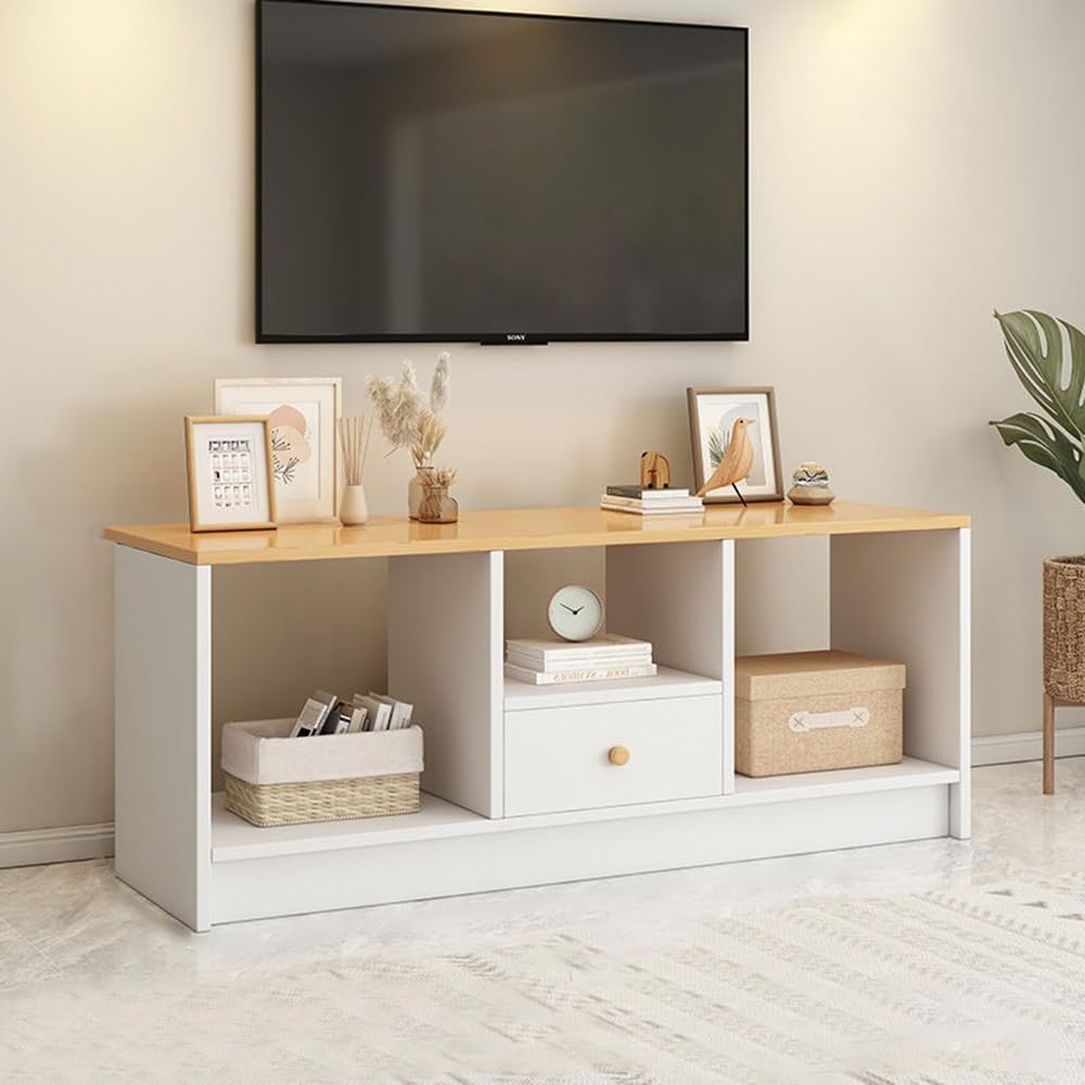 TV-Schrank 90cm, Moderner Fernsehschrank mit Schublade & 3 Fächern, Weiß-Holzoptik, Stabil & Platzsparend, für Wohnzimmer, Schlafzimmer