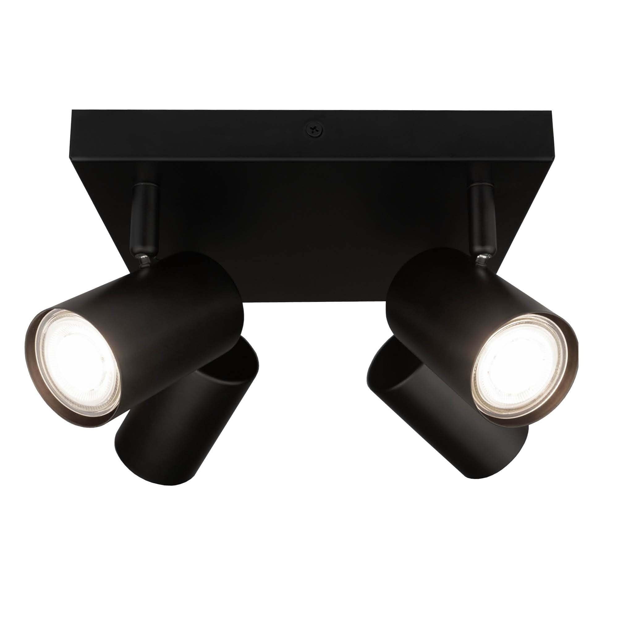 Ledvion - LED Ceiling Spotlight, Black 4-Light, Dimmable, 5W, 4000K, Square, GU10 Fitting, IP20, Tiltable, Includes GU10 Lamp