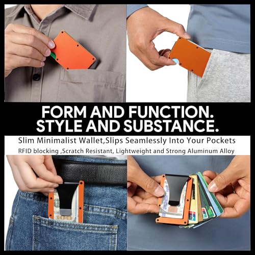 Image of Minimalist Wallet for Men, Slim Metal RFID Blocking Wallet Credit Card Holder Money Clip & Cash Strap, Scratch-Resistant Holds 15 Cards,Ideal Gift for Men | Matt Orange