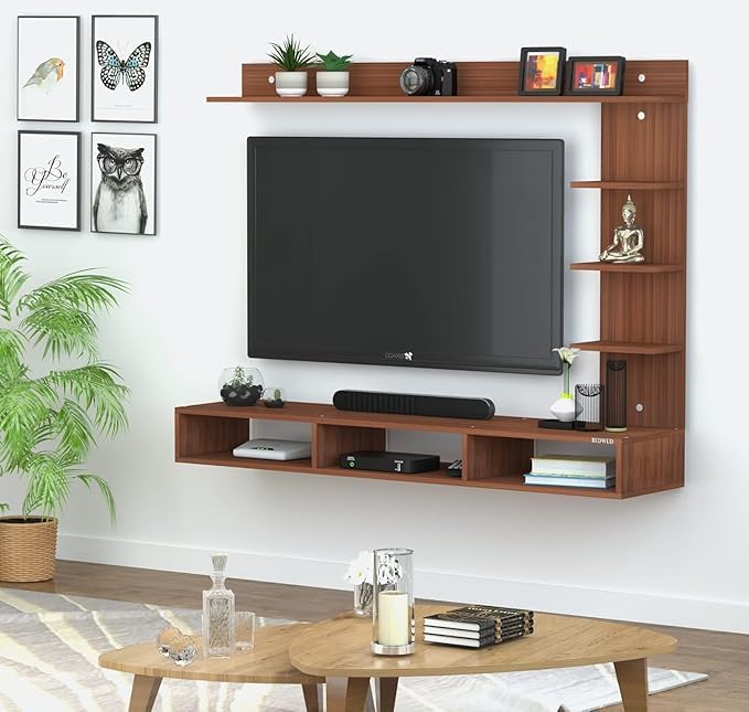 Image of Anikaa Tyron Engineered Wood Wall Mount TV Unit /TV Stand /Wall Set Top Box Stand /TV Cabinet /TV Entertainment Unit with LED Light (Walnut)(Ideal for Upto 42 inch)(D.I.Y)