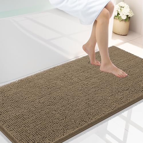 Smiry Luxury Chenille Bathroom Rugs 44x24, Extra Soft and Absorbent Shaggy Bath Mat, Machine Washable, Non-Slip Plush Carpet Runner for Tub, Shower, and Floor, Home Decor Accessories, Camel
