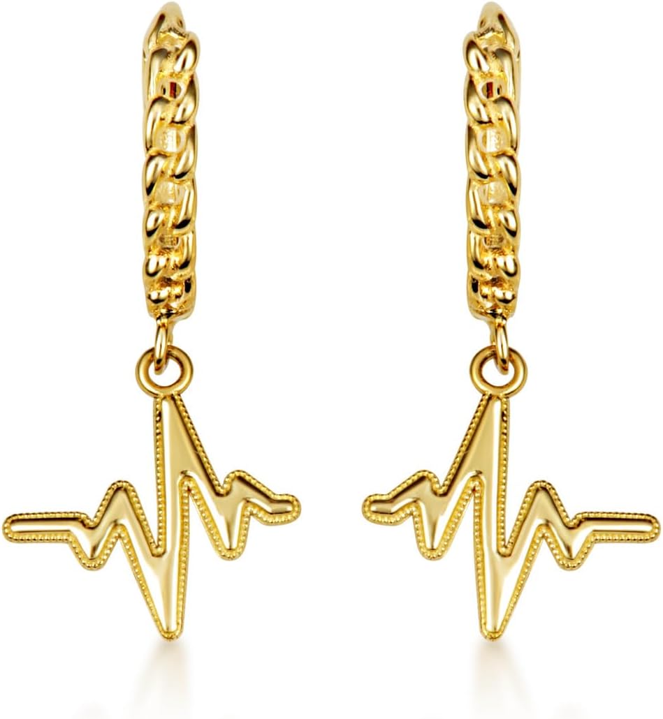 Claddagh Gold 10K or 14K Yellow Gold Heartbeat Pulse Milgrain Cuban Link Huggie Hoop Earrings