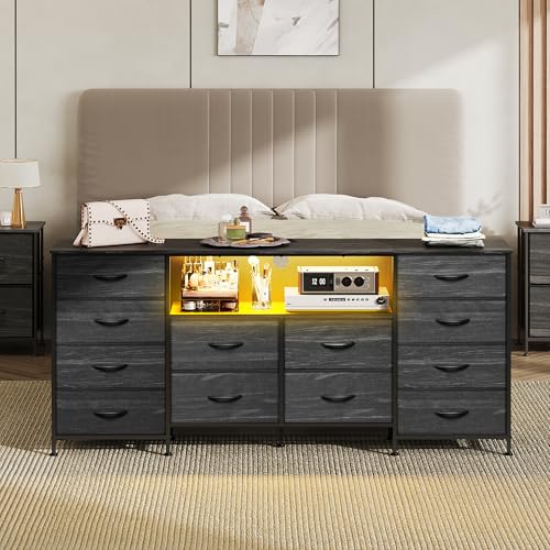 Image of WLIVE Dresser TV Stand for 75 Inch TV, 12 Drawers, LED, Black Wood Grain