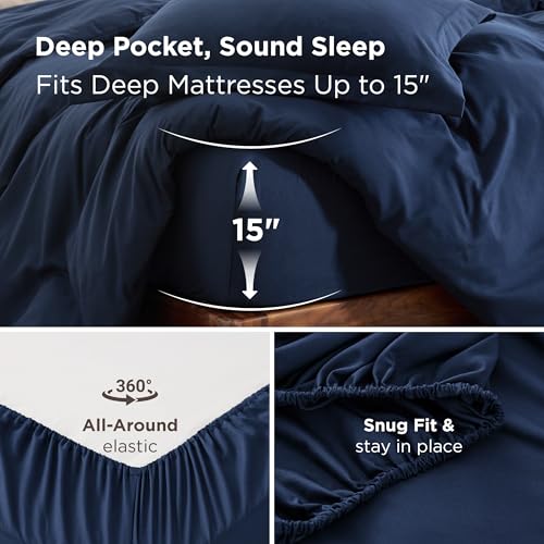 Image of Bedsure Duvet Cover with Fitted Sheet Queen - Deep Pocket, Hotel Luxury Soft Double Brushed Bedding Set with Zipper Closure, 1 Duvet Cover, 1 Fitted Sheet, 2 Pillow Shams, NO Comforter, Blue