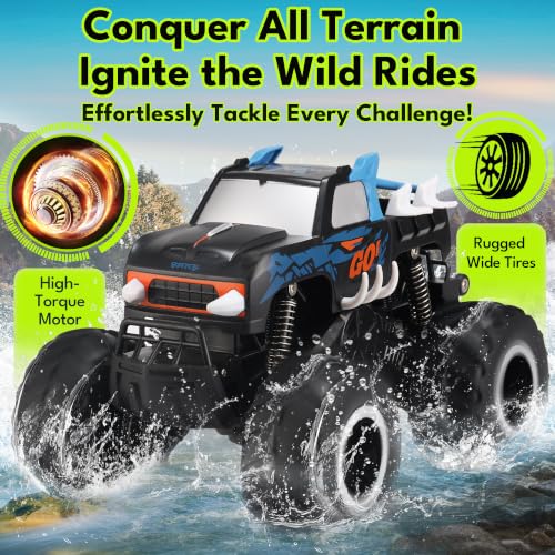 Image of Threeking 1:16 Amphibious Monster Truck All Terrain Remote Control Car Toys | Waterproof Durable 4WD Off-Road RC Crawler Cars Pick-Up Unique Toy Gifts for Boys Girls Ages 6-12
