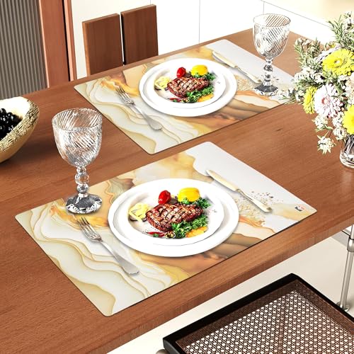 Image of Kuber Industries 12 Pcs Set Wipeable & Reusable PVC Placemats for Dining Table | Food Mats & Dining Table Accessories for Home, Bedroom & Kitchen | Marble Print - Cream & Gold