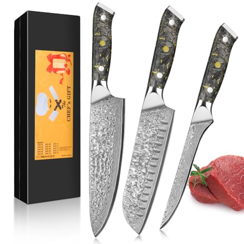 kyushublade Knife Set, Damascus Kitchen Knife Sets Made of 67-Layer of VG10 Steel, Full Tang Kitchen Knives Set with Ergonomic Black and Gold Resin Hanlde, for Home Restarent, Gift Box, 3-Pieces