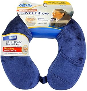 Cloudz Memory Foam Travel Neck Pillow with Snap & Pocket - Blue