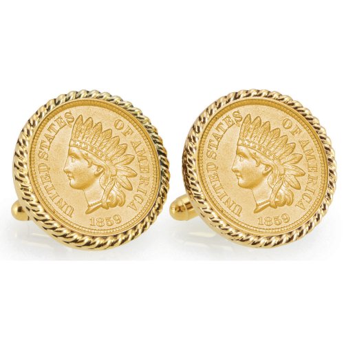 American Coin Treasures Gold-Layered 1859 First-Year-of-Issue Indian Head Penny Goldtone Rope Bezel Cuff Links