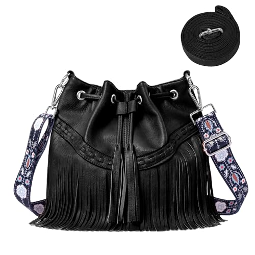 Image of Sunwel Fashion Women Bucket Fringe Hobo Bag Western Purse Vegan Leather Tassel Hippie Shoulder Crossbody Bag