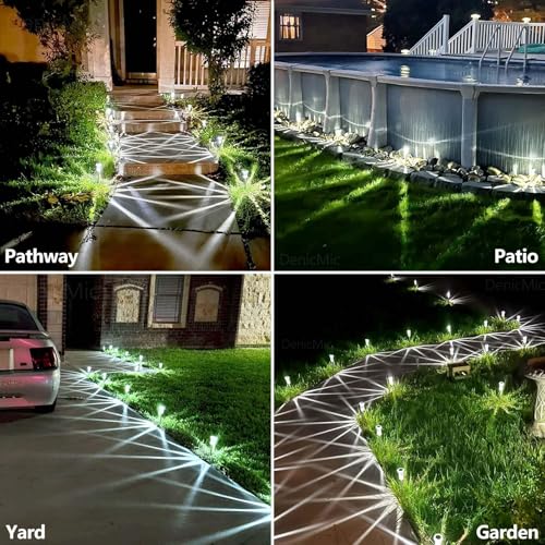 Image of DenicMic Solar Pathway Lights Outdoor Waterproof Cold White LED 15 Pack | Yard Garden Driveway Walkway Landscape Path Lights, Starburst Pattern, Acrylic Diamond-like Lampshade Stainless Steel Pole