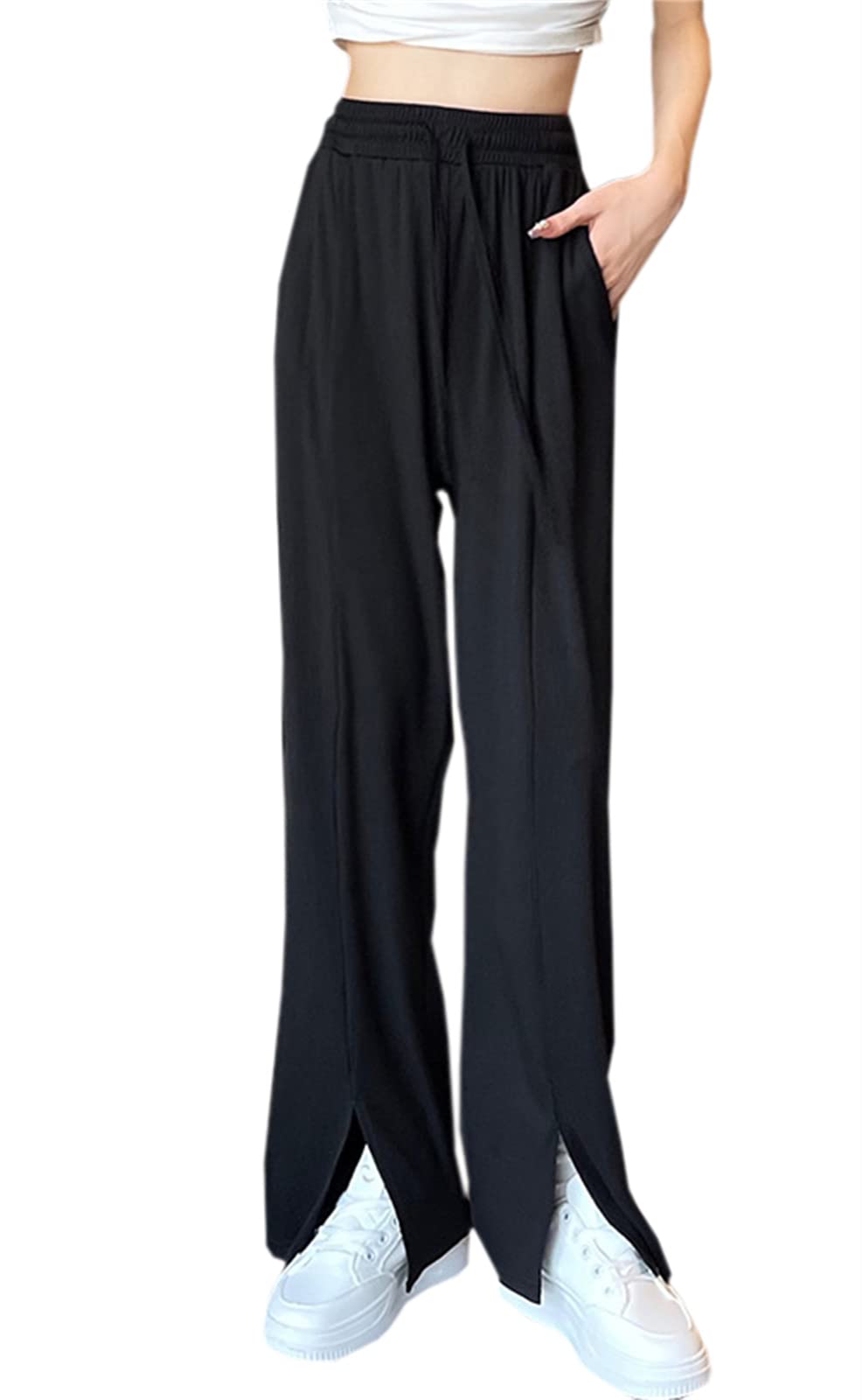 SANGTREE Womens Split Front Elastic High Waist Straight Wide Leg Long Pants