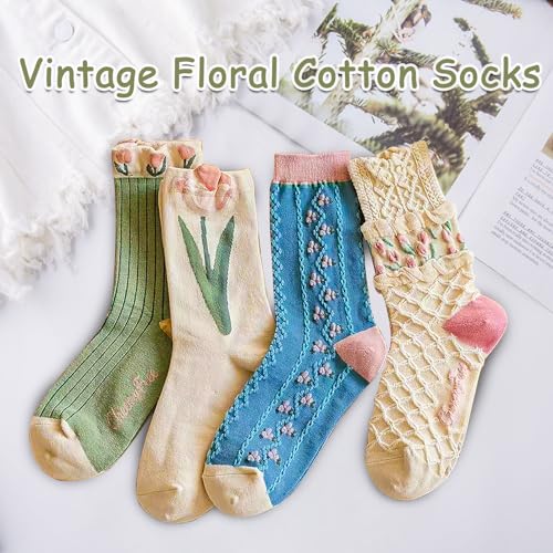 Image of 4 /5 Pack Cute Womens Floral Socks, Cotton Vintage Embroidered Casual Crew Socks, Girly Cottagecore Tulip Dress Socks