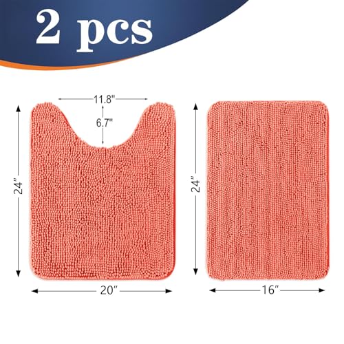 Image of OLANLY Bathroom Rugs Sets 2 Piece, Soft Absorbent Chenille Bath Mats and U-Shaped Contour Toilet Mat Area Rug Set, Machine Washable Bath Carpet, Home Decor Accessories(24 inchx16 inch+24 inchx20 inch, Coral)