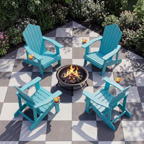 Image of Tangkula Oversized Adirondack Chair, Patio Lounge Chairs w /Adjustable Cup Holder, HIPS Armchairs Slatted Chair, Outdoor Weather Resistant Fire Pit Chair for Deck Backyard Garden Porch (1, Turquoise)