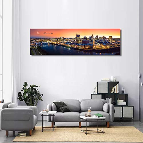 Nashville Skyline Wall Art for Living Room Cityscape Canvas Modern Home Decor Panorama Pictures City Building House Decorations Skyscraper Artwork Night View Posters and Prints 12x46 Inch 1 Panel - Image 5