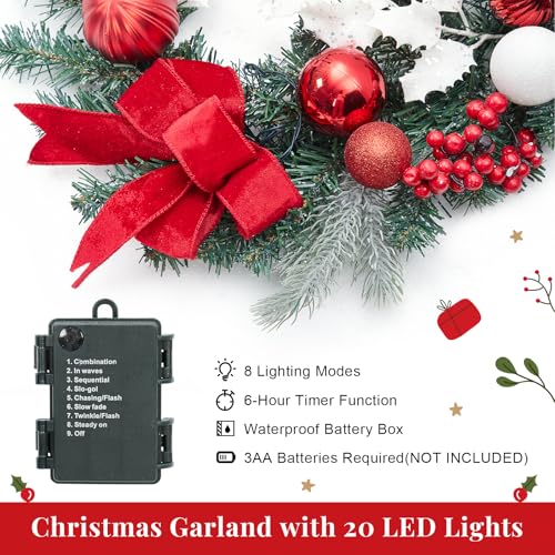 GarveeHome 6 Ft Pre-Lit Christmas Garland, Battery Operated Lighted Xmas Garland with 20 Lights & Timer, Christmas Garlands with Lights for Mantle Table Centerpiece Indoor Outdoor Decor, Red White