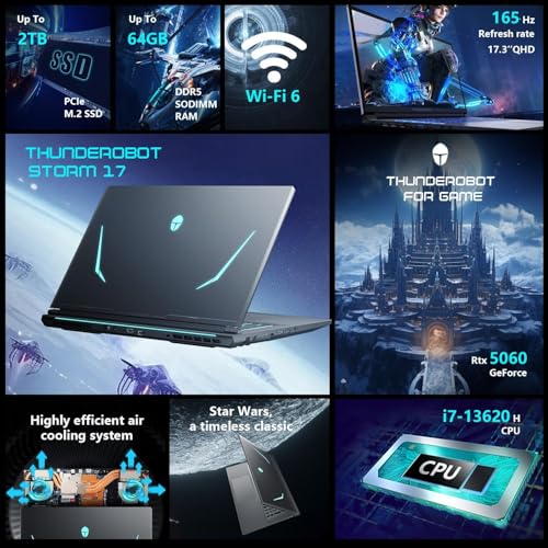 Image of Thunderobot Storm 17 5060 17 inch Gaming Laptop, 17.3 inch QHD 165Hz 2K Display, Core i7-13620H, GeForce RTX 5060, 16GB DDR5 RAM, 1TB SSD, HDMI, Type-C, RGB Backlit Keyboard, Wi-Fi 6, Win 11 Home